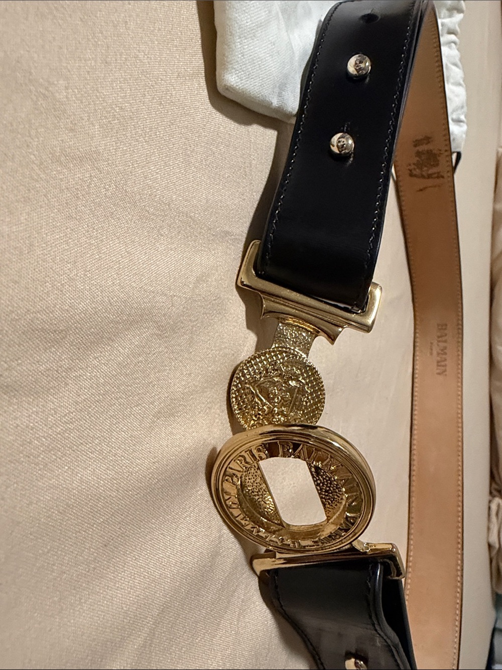 Balmain Black Leather Belt with Gold Medallion Hardware